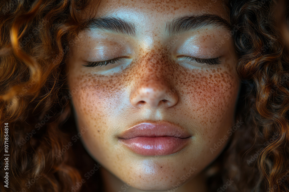 Aufkleber close-up of a personâ€™s face in deep sleep, with relaxed features and a gentle expression of restfu