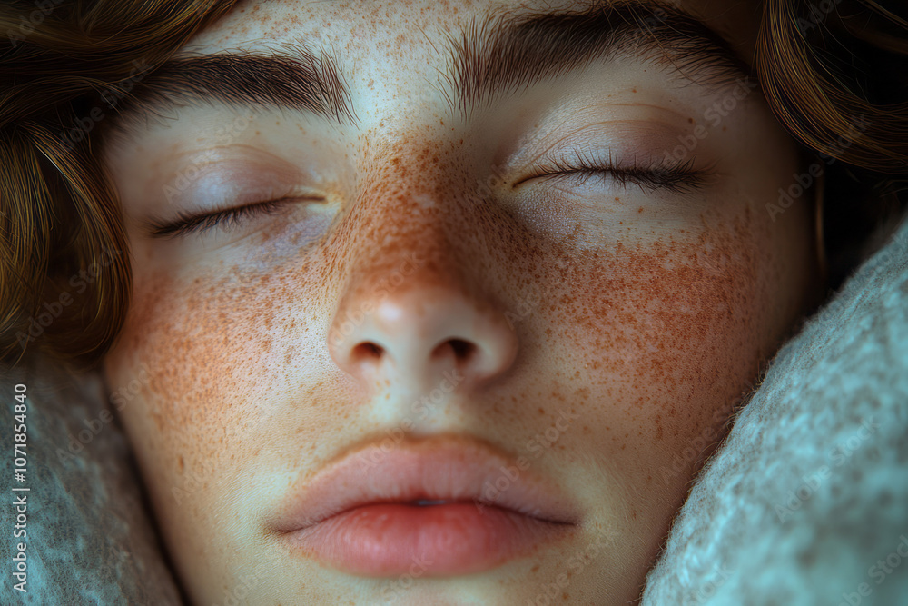 Poster close-up of a personâ€™s face in deep sleep, with relaxed features and a gentle expression of restfu