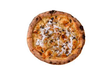 Creamy pizza with truffle cheese, mozzarella, chicken and mushrooms