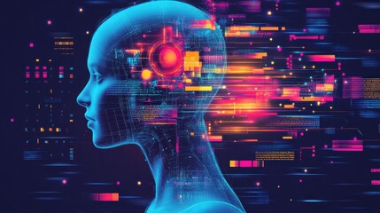 Fototapeta premium Digital Human Head with Neural Network 