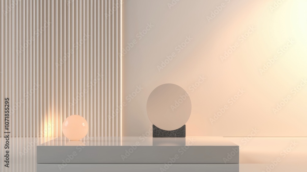 Aufkleber a white table with a round object on it and a white wall behind it