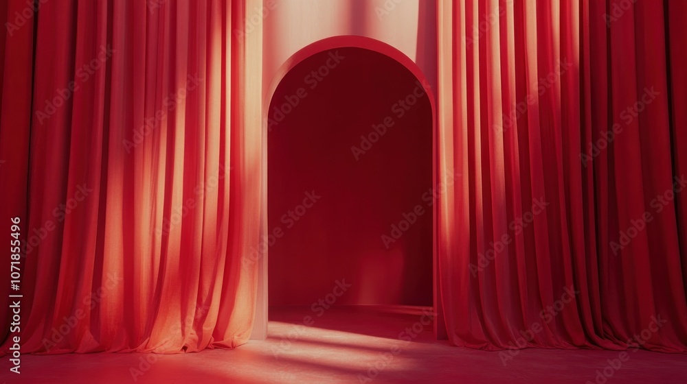 Poster a vibrant red space featuring draped curtains and an archway, creating an inviting atmosphere.