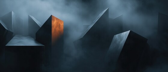 A dark and foggy scene with a single light source in the middle