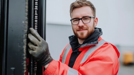 Confident and Experienced Construction Worker in Protective Gear Standing at Industrial Worksite and Overseeing the Progress of Building Projects and Infrastructure Development