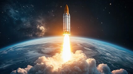 Fototapeta premium Rocket blasting off with clouds of smoke, glowing as it rises towards space with the Earth horizon and sunset backdrop. Epic space moment.