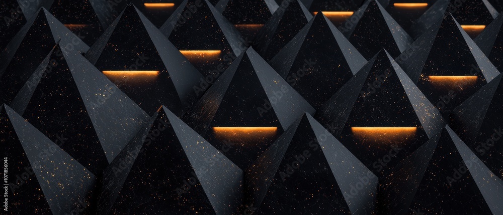 Poster a black and orange image of a pattern of triangles