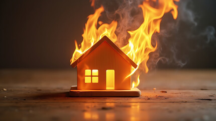 Naklejka premium Toy wooden house is on fire. Insurance concept.