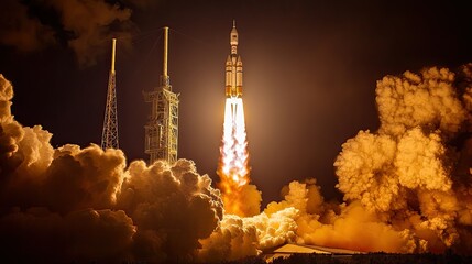 Spacecraft takes off into the night, fiery thrusters illuminating the surrounding smoke in a dark sky. Epic symbol of space ambition.