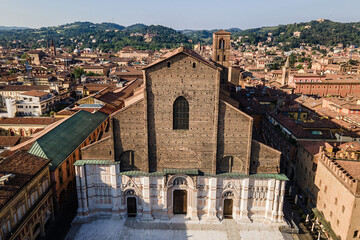 Drone view of Basilica of San Petronio in the Piazza Maggiore of Bologna in Italy. © Giannis