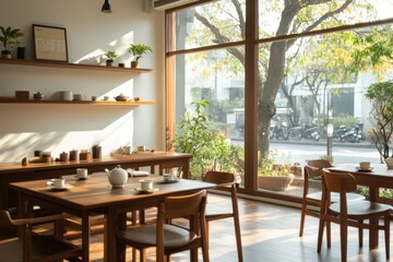 Fototapeta premium Sunlit Tea House: Tranquil space, wooden chairs, tea set, serene atmosphere.