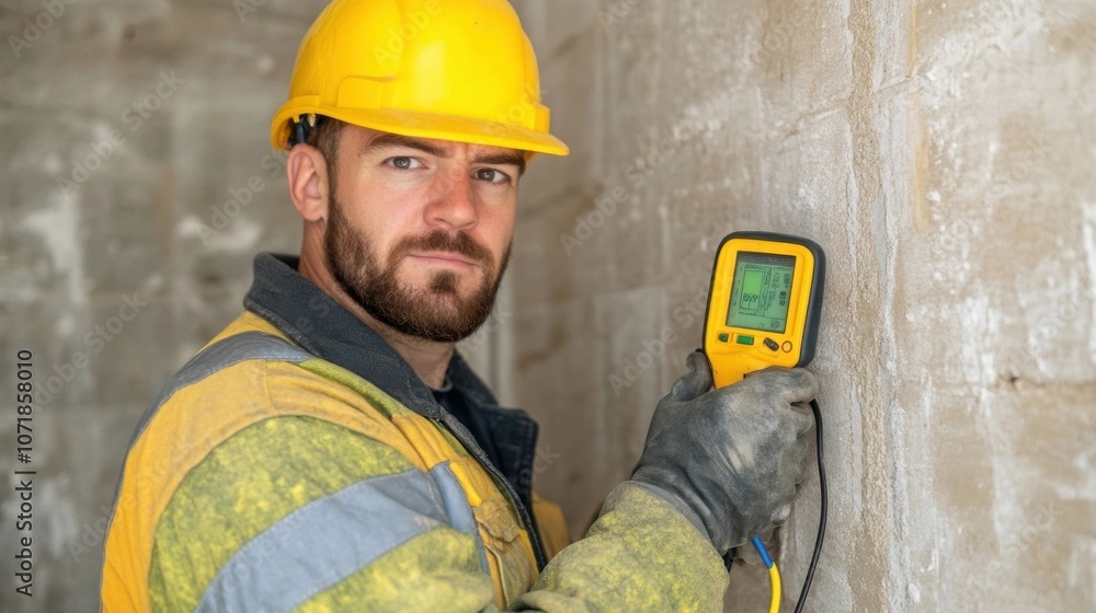 Poster construction worker in uniform and hardhat using handheld digital measuring device or tool for inspe