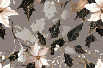 Soft Blush Gold Poinsettia and Holly Pattern
