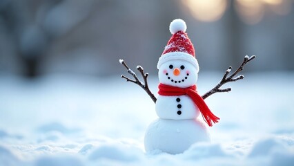 Fototapeta premium Serene wintry scene with small snowman scene, scene-cheerful and snowman-cute