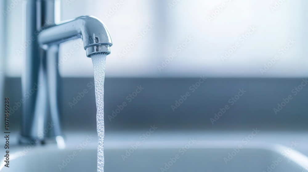 Poster closeup view of a metal faucet with water dripping and flowing from the tap creating a splash in the