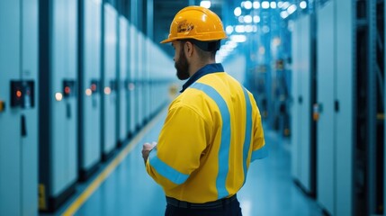 Construction worker wearing protective helmet and vest walking through an industrial corridor or hallway inspecting the facility and its equipment  The image depicts a professional