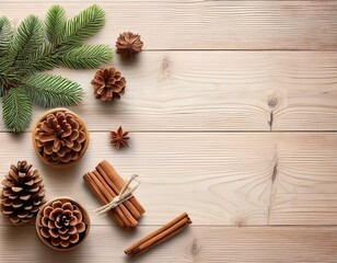 Flat lay of rustic holiday-themed items- pinecones, cinnamon sticks, and spruce branches