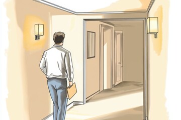 Fototapeta premium Man Walking in Hallway with Cartoon Style Lighting