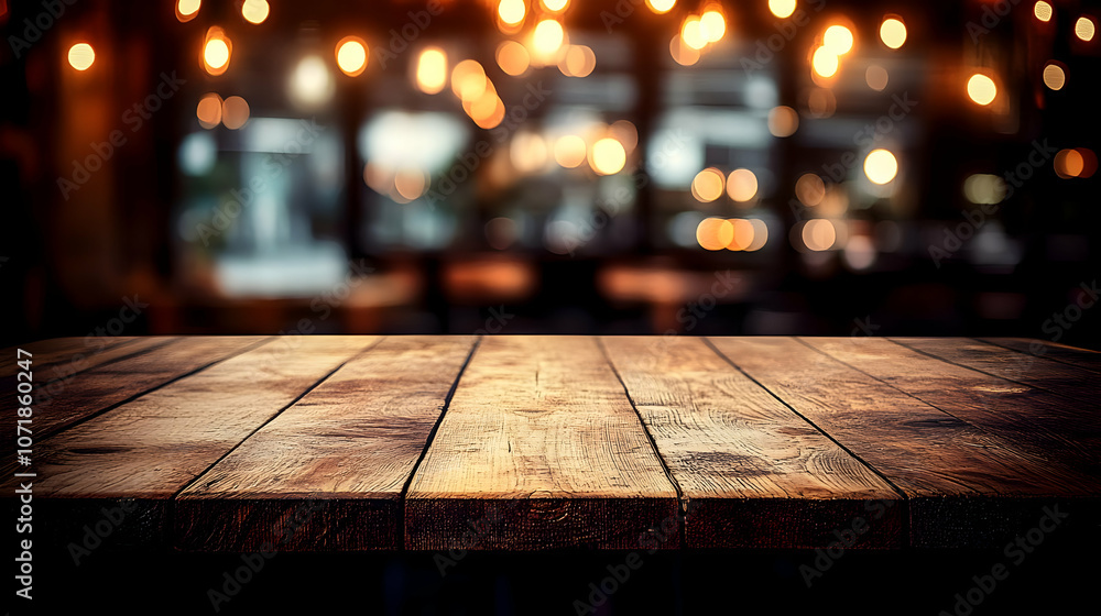 Poster rustic wooden tabletop with blurred bokeh lights in background, perfect for product display or mocku