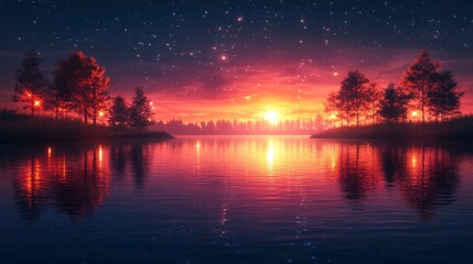 Fototapeta premium Serene Lake Sunset at Night