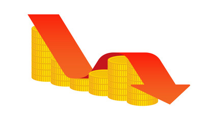 A red arrow graph down on a stack of coins. Concepts of business growth, wealth creation, financial planning, investment goal, success, corporate development, economic achievement, profit and loss