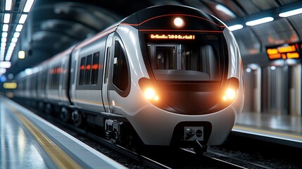A gleaming silver subway train glides into a bustling underground station, illuminated by the soft glow of indoor lights