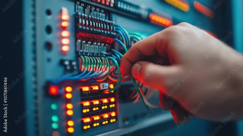 Poster close up of a technician s hands repairing and servicing an electronic circuit board with various co