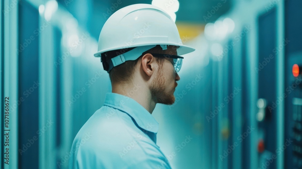 Poster construction worker in hardhat examining blueprints and technical documents at an active industrial 