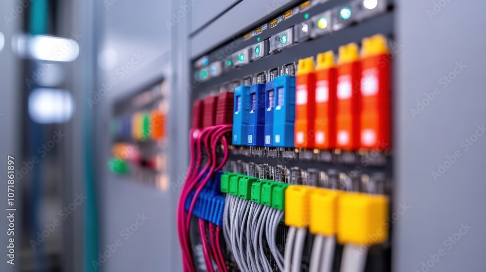 Poster rows of network servers telecommunication equipment and data storage devices in a modern data center