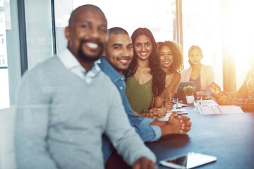 Office, collaboration and business people in portrait for startup, training and meeting progress by...