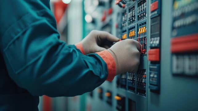Closeup of a skilled electrical worker or technician inspecting and repairing the wiring and components of an industrial control panel or electrical switchgear in a power facility or factory