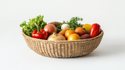 A woven basket filled with fresh vegetables and greens on a white background.