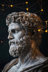 Classical Stoic Marble Statue with Abstract Cosmic Galaxy Inspired Modern Expressionism on a Background