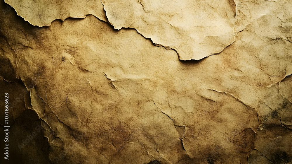 Aufkleber aged and weathered paper texture with deep creases and tears, showing signs of time and use, abstrac