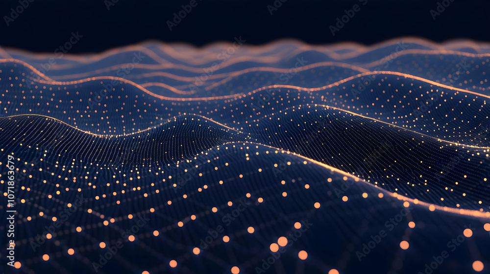 Poster abstract 3d background with a wavy grid of interconnected golden dots on a dark blue surface