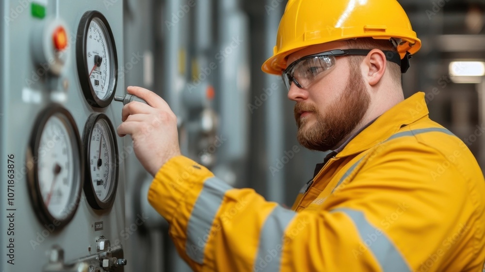 Poster industrial worker in uniform examining and monitoring control panel gauges and equipment in factory 