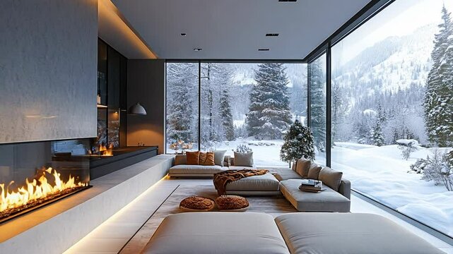 Cozy modern living room with fireplace and winter snowy mountain view.