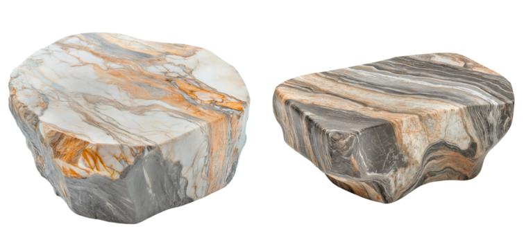 pair of natural stone slab with unique veining patterns isolated on transparent