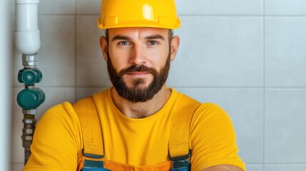 Bearded caucasian male construction worker wearing yellow hardhat and uniform standing in industrial worksite with safety equipment and tools  Concept of manual labor repair building
