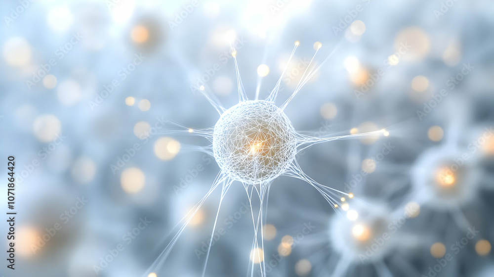 Poster abstract 3d rendering of a neuron with interconnected lines and glowing points on a light blue backg