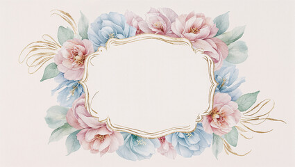 Obraz premium Floral frame with pastel flowers and gold accents, decorative background, copy space