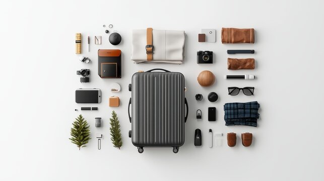 A 3D illustration of a suitcase surrounded by travel essentials such as clothes, shoes, and gadgets, neatly arranged on a white background, symbolizing efficient travel packing.