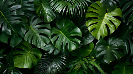 Naklejka premium A Lush and Vibrant Green Tropical Leaf Background with Varied Textures and Shapes for Design Projects
