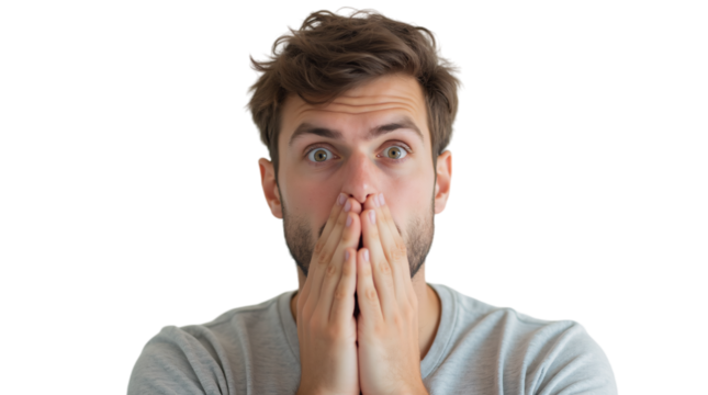 Shocked Man Covering His Mouth With Hands Isolated on Png Background.