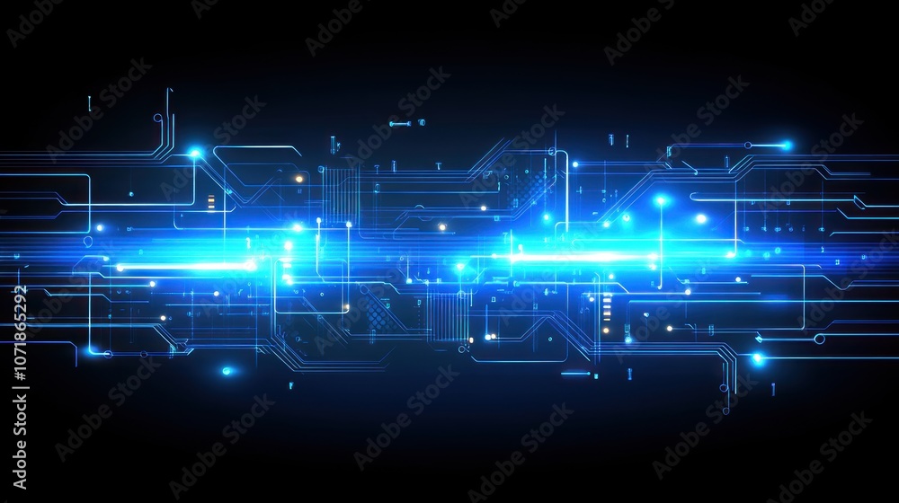 Poster abstract digital circuit design with glowing blue lines and particles on a dark background.