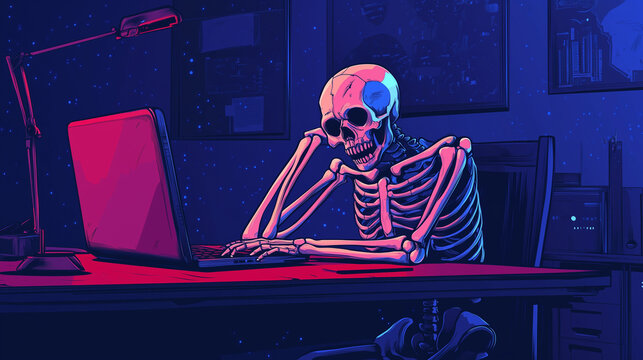 Skeleton sitting at a desk late at night, working on a laptop in a dimly lit office, symbolizing work fatigue