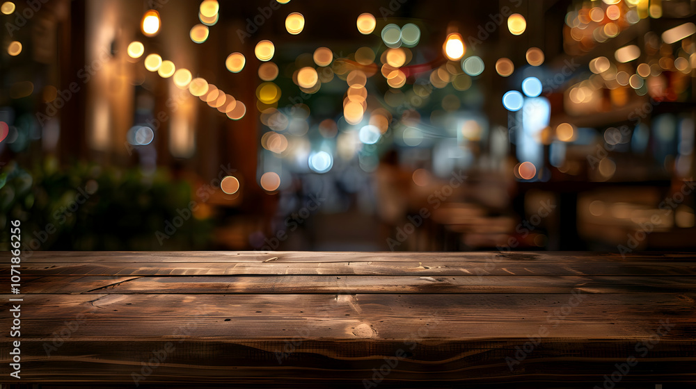 Poster dark wooden table top with blurred bokeh lights background for product display