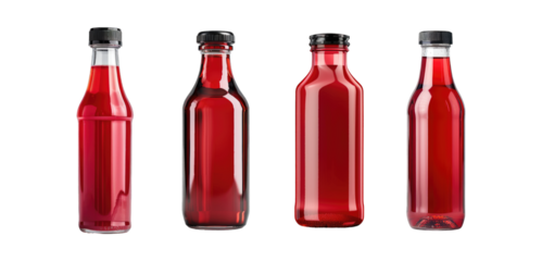Collection of Red blood bottles, Beverages pomegranate juice or red poison bottles set isolated on transparent background cutout png Generative AI