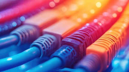 Obraz premium Vibrant and colorful ethernet cables arranged in an abstract technological backdrop showcasing the concept of digital connectivity high speed data transfer
