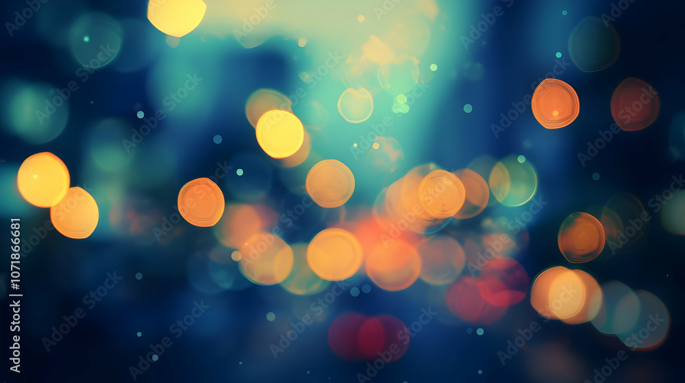 Poster abstract bokeh background with colorful lights blurred into circles with a dark blue background
