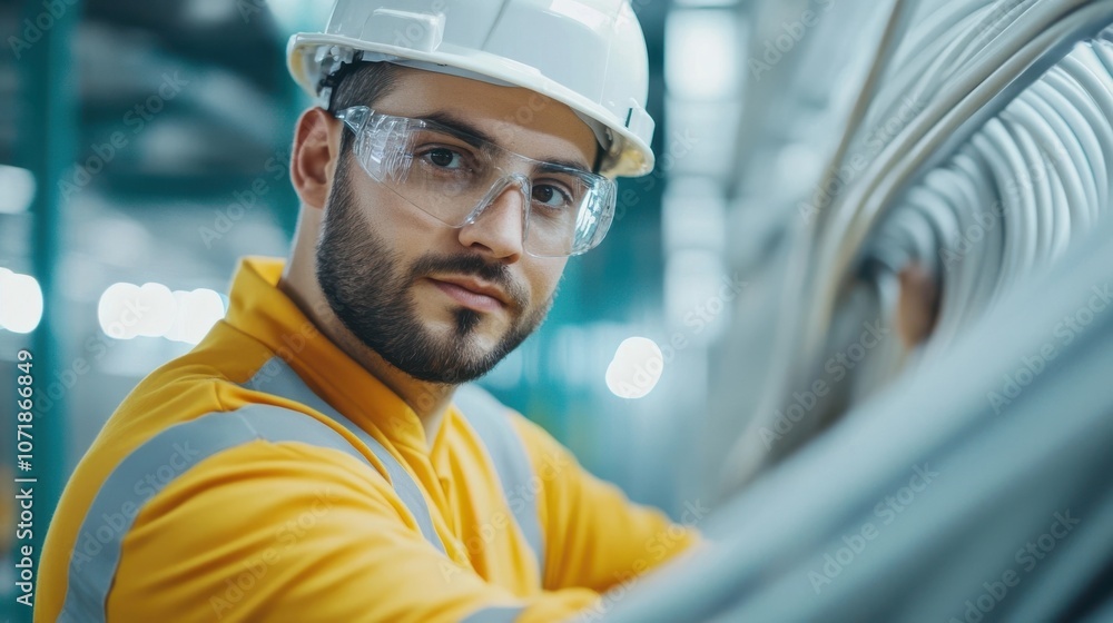 Poster portrait of hardhat wearing construction worker inspecting and examining worksite at building constr